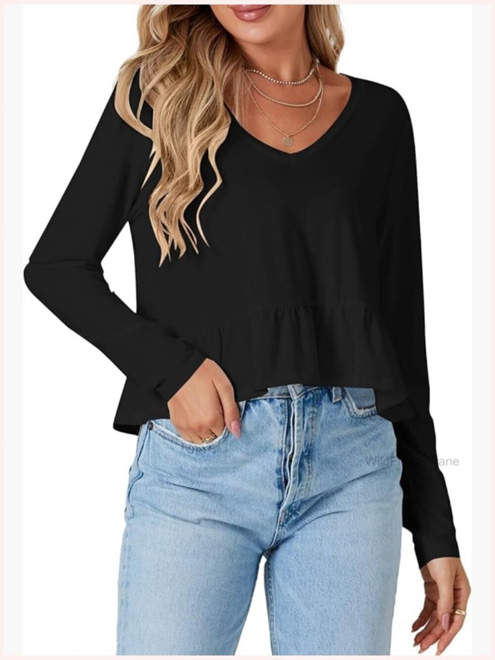 V Neck Long Sleeve Peplum Ruffle Hem Babydoll Crop Top Blouse